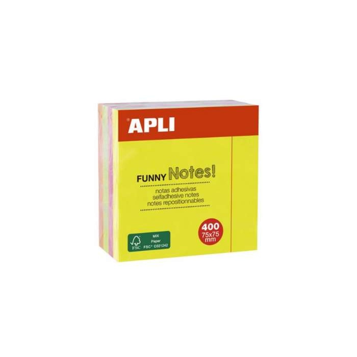 Öntapadó jegyzettömb, 75x75mm, 400lap, APLI "Funny", neon